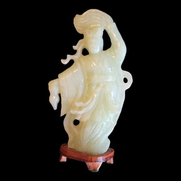 Set of 4 Vintage GESHIA's Asian Italy Green Jadeite Glass Figurines Wood Base - Picture 2 of 16